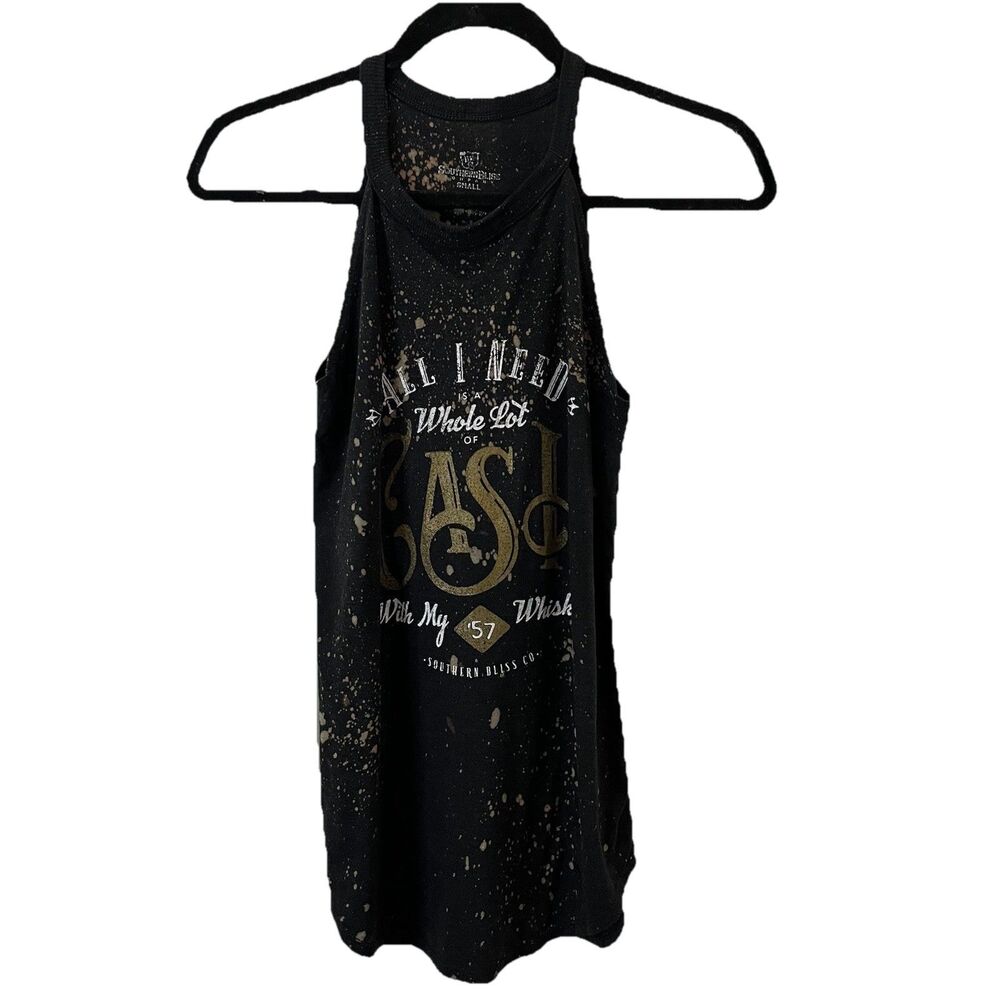 Southern Bliss Co Black Acid Wash Bleach Splatter Cash Whiskey Festival Tank S